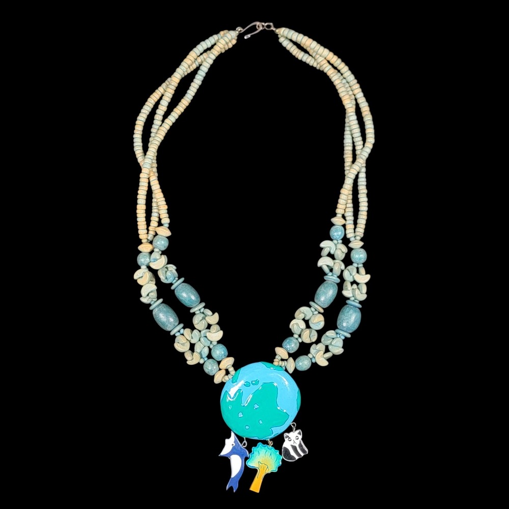 VTG‎ 90s Earth Day Beaded Necklace Globe Orca Panda Tree Charms Wood Philippines